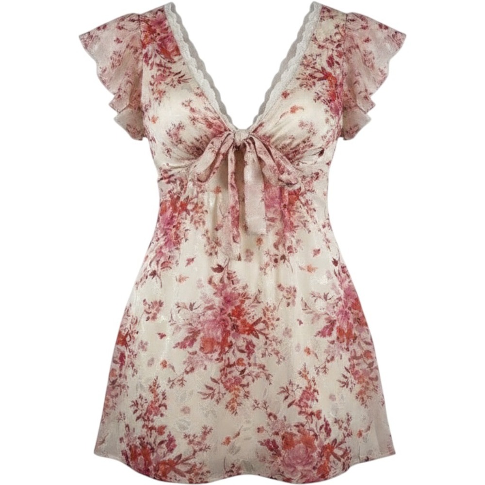 En Elly Floral Burnout Velvet Mini Dress Large Pink Lace Trim Ruffle Skater Y2K